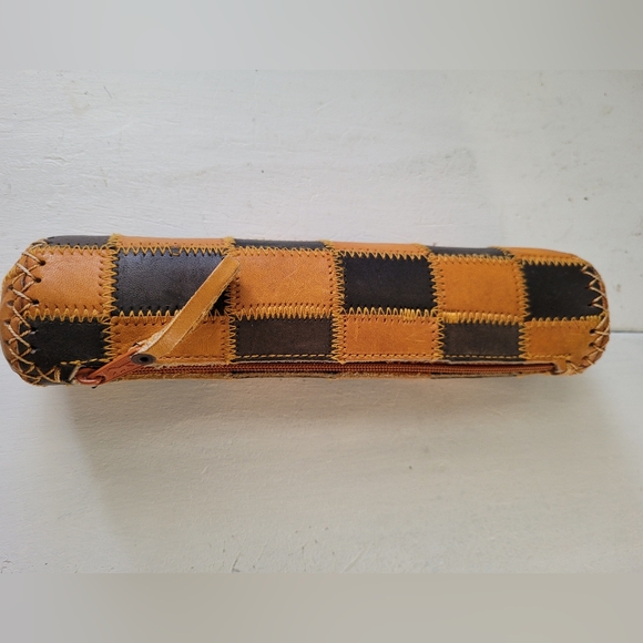 Accessories - Leather stitched patchwork check pattern tube zipper pouch